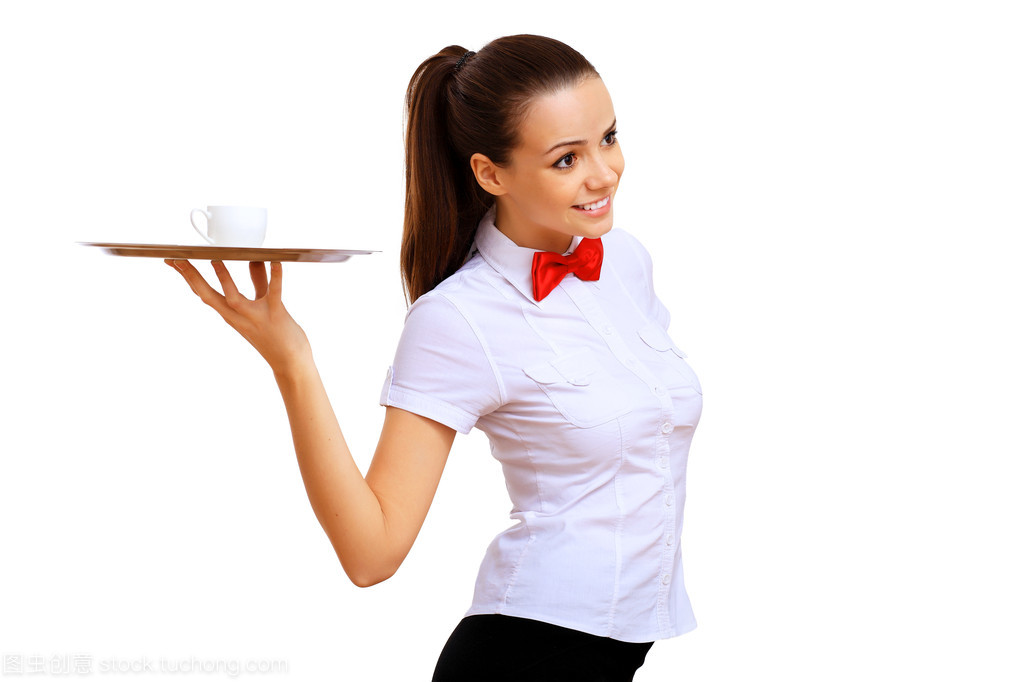 在一件白色襯衫的年輕女服務(wù)員